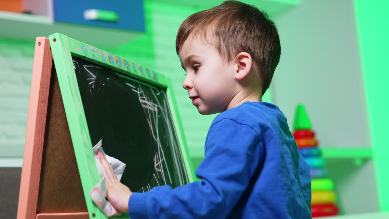 Lovely toddler baby in blue sweater cleans the blackboard. Side view portrait of the kid drawing at home.