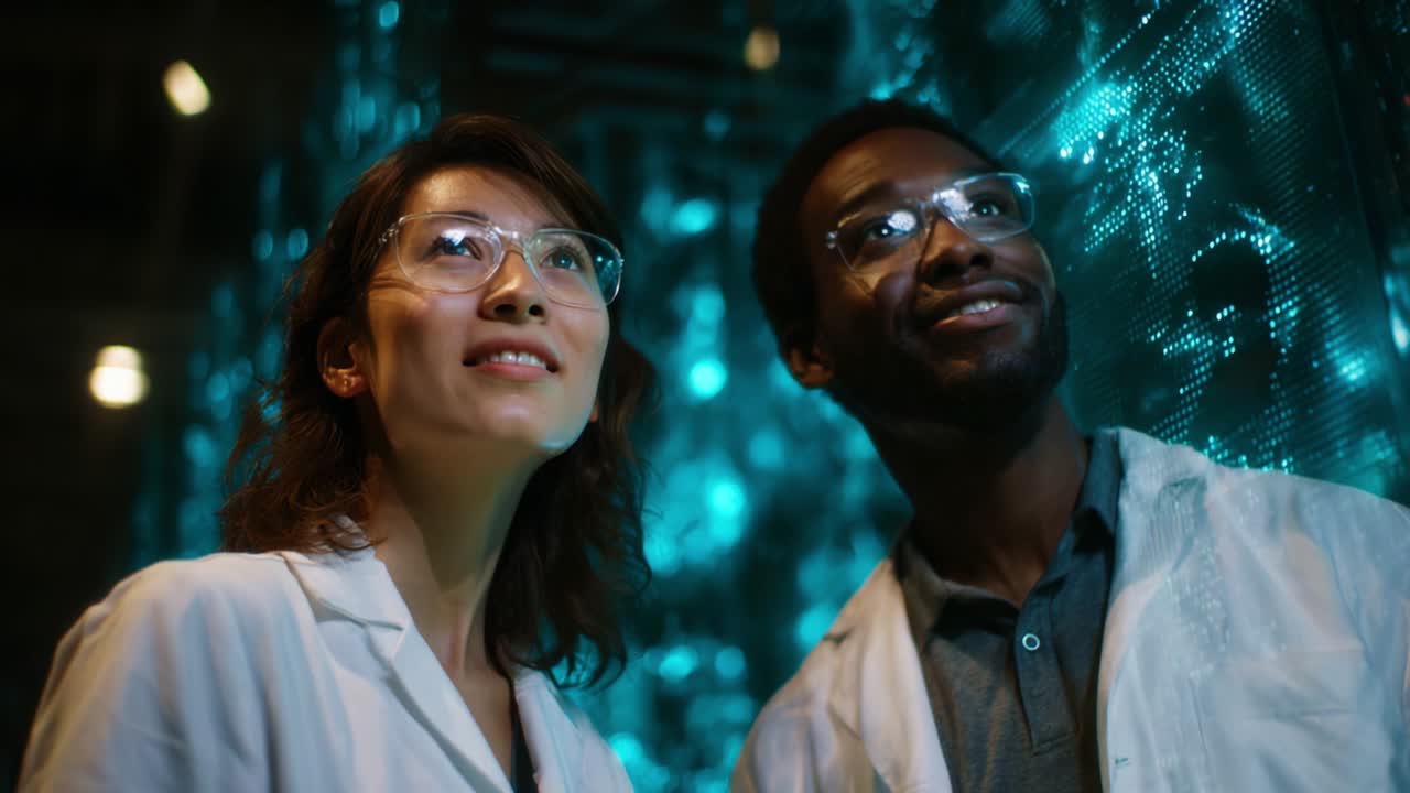 Two scientists marvel at innovative technology as they explore an illuminated digital landscape, highlighting their curiosity and collaboration in the realms of research and discovery