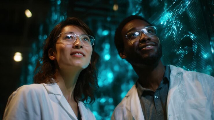 Two scientists marvel at innovative technology as they explore an illuminated digital landscape, highlighting their curiosity and collaboration in the realms of research and discovery