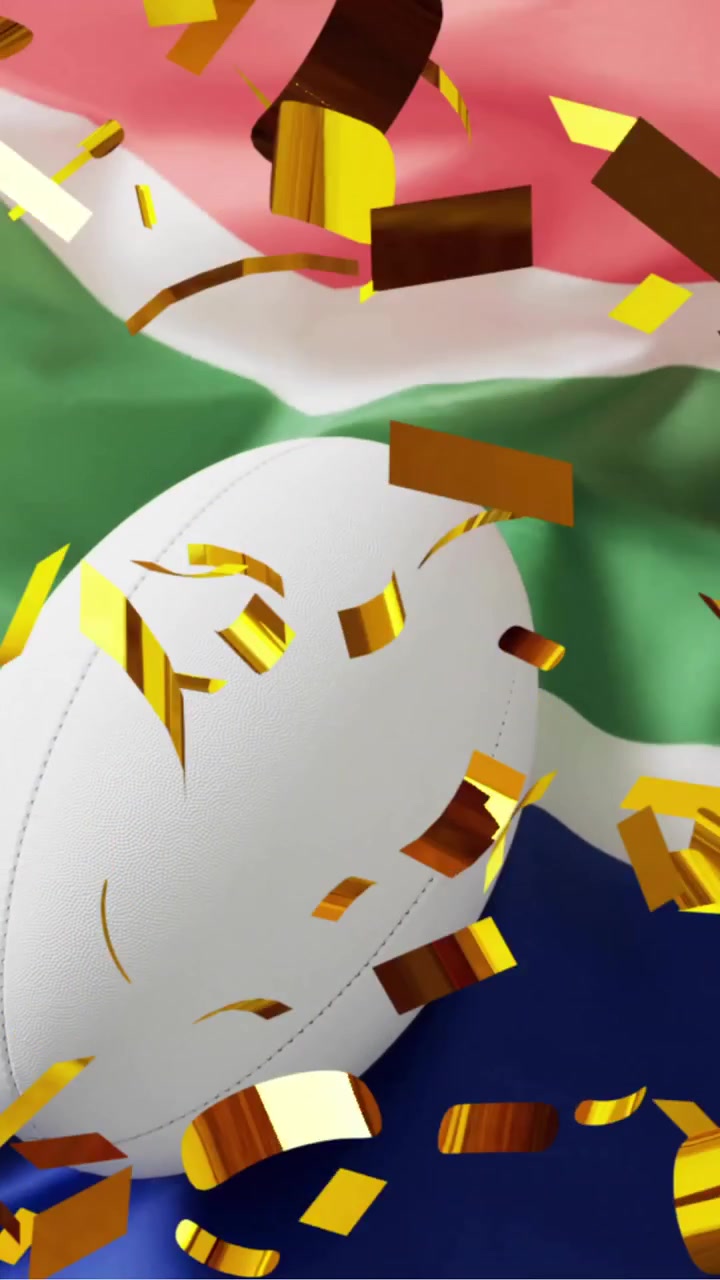 Animación de confeti sobre un balón de rugby blanco y la bandera de Sudáfrica.
