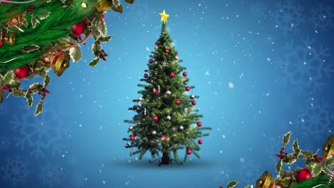 Digital-animation-of-christmas-decoration-and-snow-falling-over-spinning-christmas-tree-against-blue