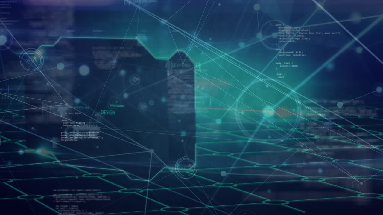 Animation of data processing, network of connections with icons and grid
