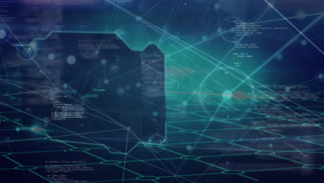 animation of data processing, network of connections with icons and grid