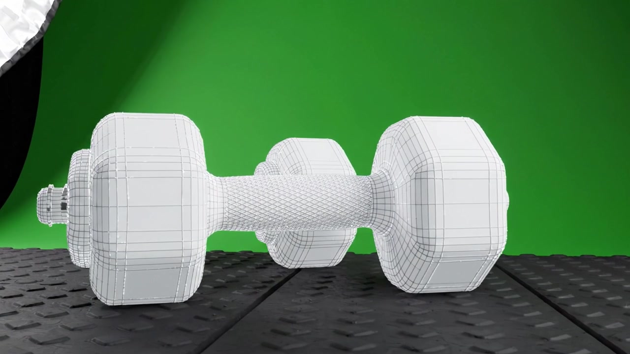 Mô hình khung dây 3D của một quả tạ trên nền màn hình xanh để minh họa thể dục và tập luyện với thiết lập ánh sáng studio.