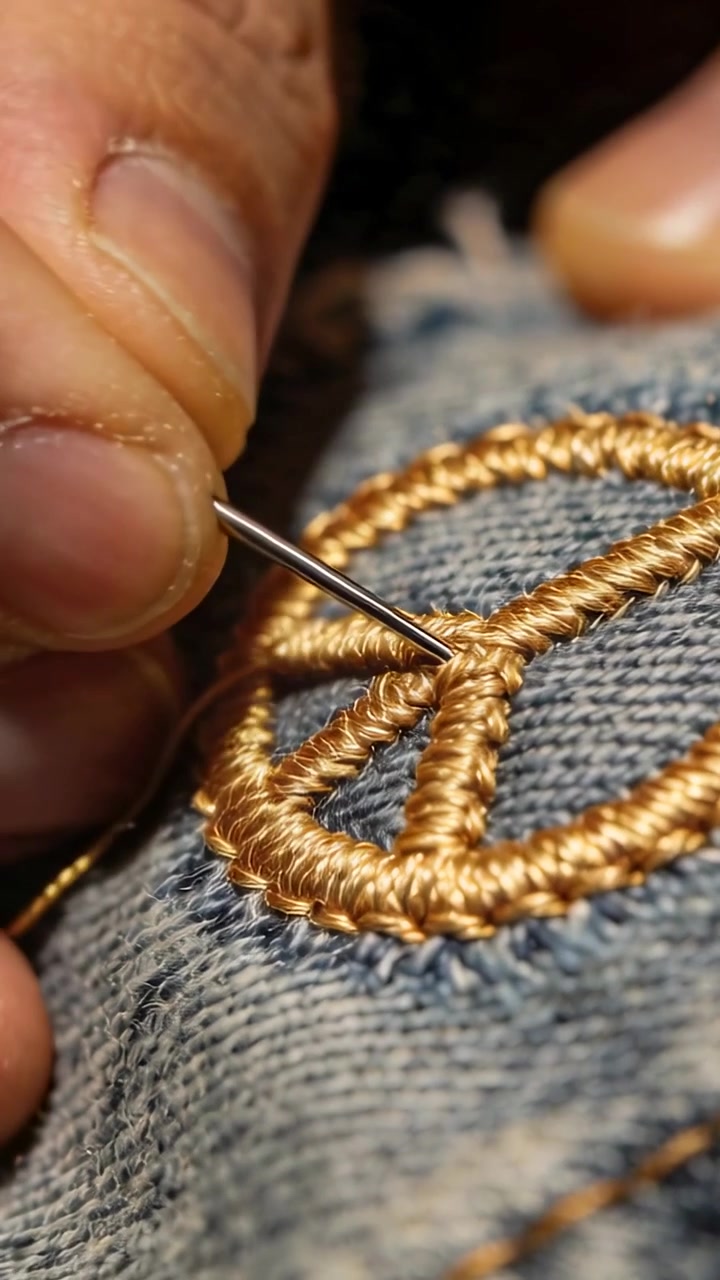 Vertical video: Pushing needle through denim, hand pulling gold thread at desk filling peace patch