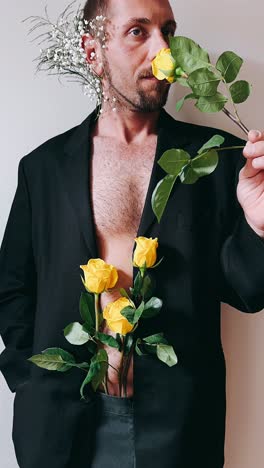 man in black blazer with yellow roses