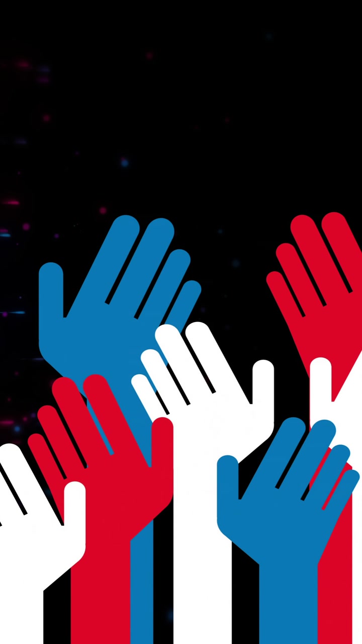 Hands raised in red, white, and blue animation against dark background