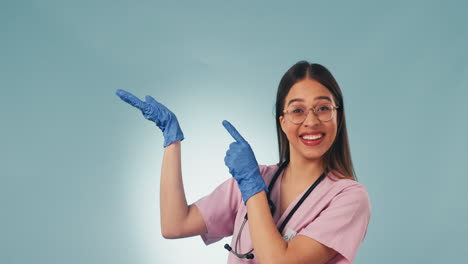 doctor, woman and open hand in studio