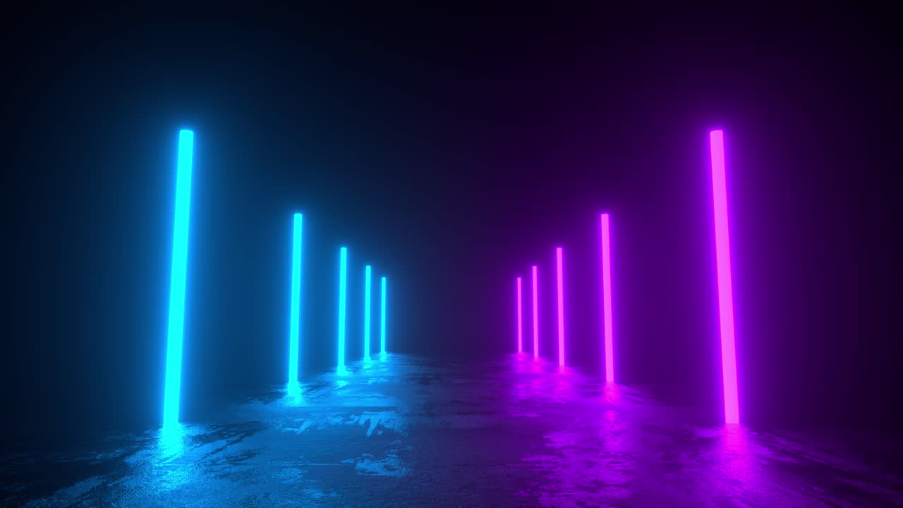 파란색과 보라색 네온 조명으로 조명 된 콘크리트 복도를 앞으로 이동합니다.