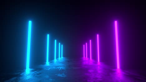 moving forward a concrete corridor illuminated with blue and purple neon lights. 4k video animation