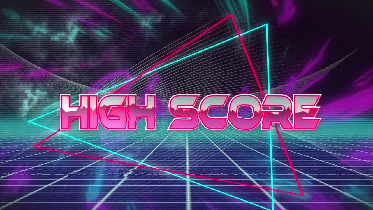 Animation af høj score-tekst over neonlinjer på mørk baggrund