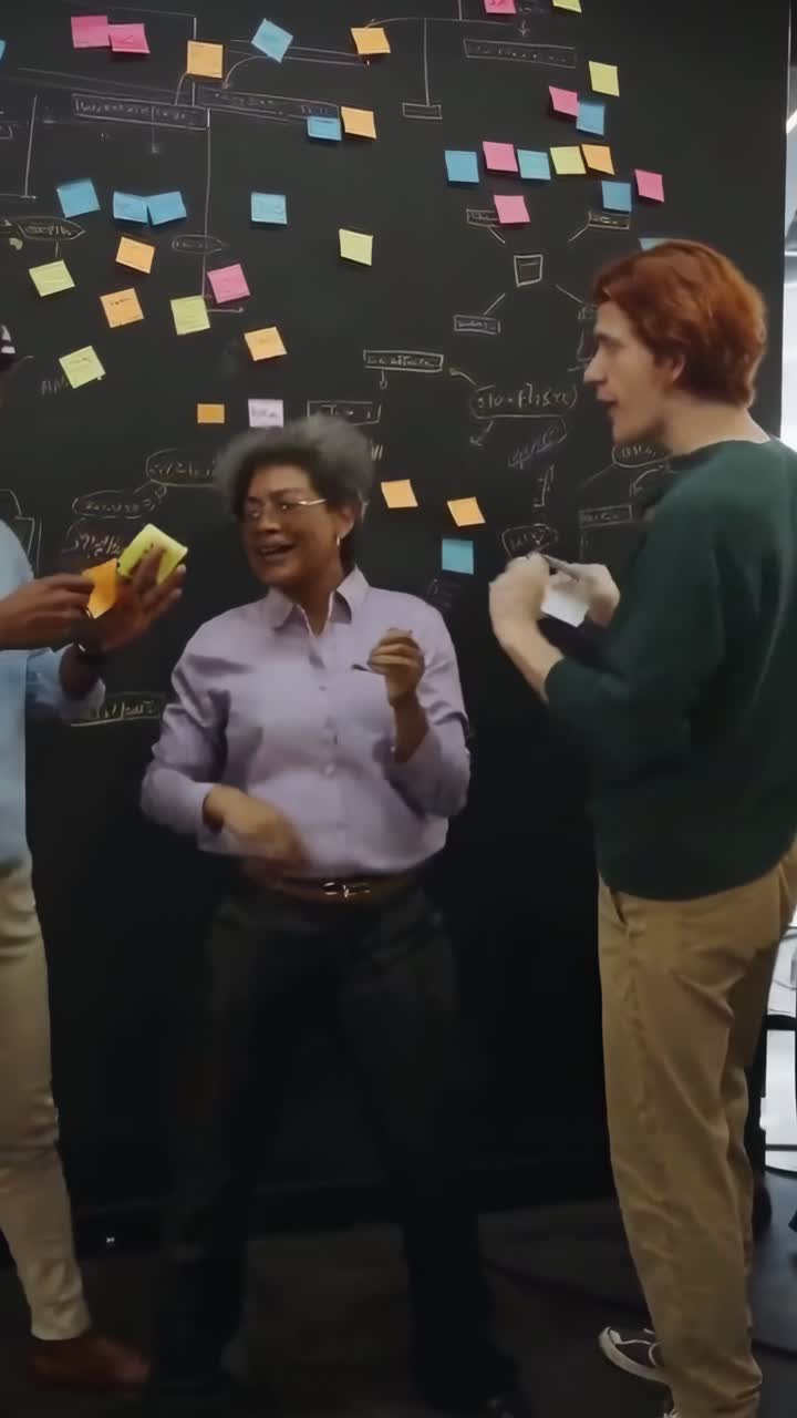 Video captures a diverse team brainstorming with sticky notes, shot from a low angle