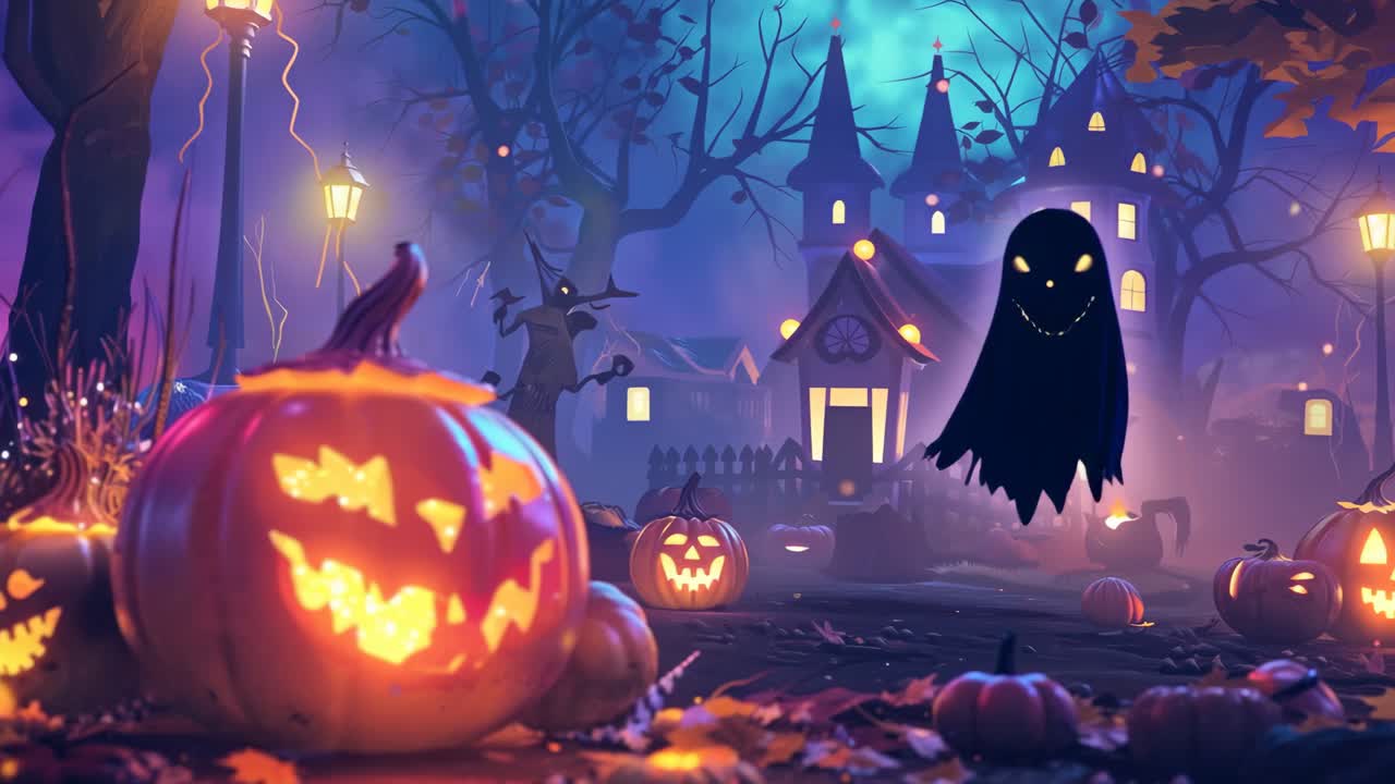 Una spaventosa scena di Halloween con zucche luminose e un fantasma