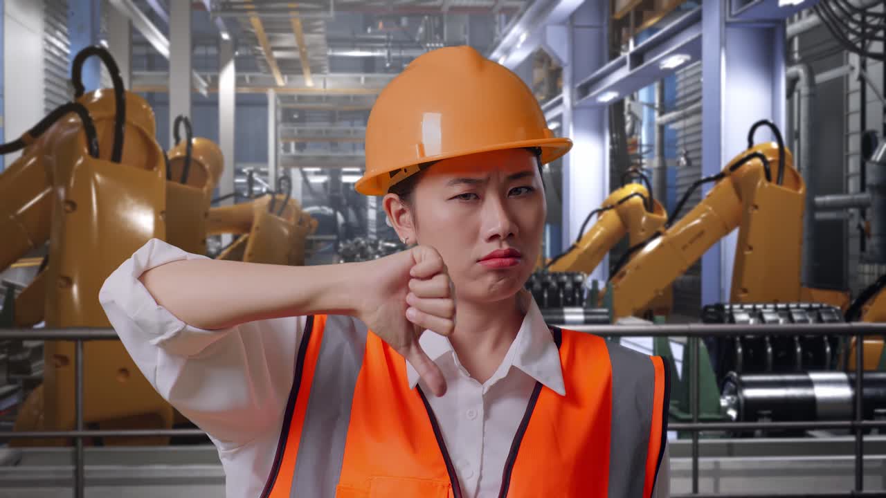 Close Up Of Asian Female Engineer With Safety Helmet Showing Thumbs Down Gesture And Shaking Her Head While Standing With Industrial Robotic Arms Working