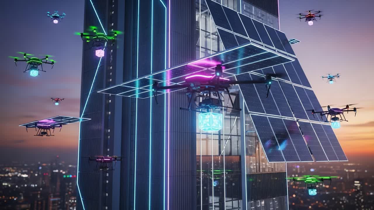 An Aerial Display of Drones Among Solar Panels and Futuristic Architecture at Dusk Capturing the Essence of Advanced Technology and Urban Landscapes