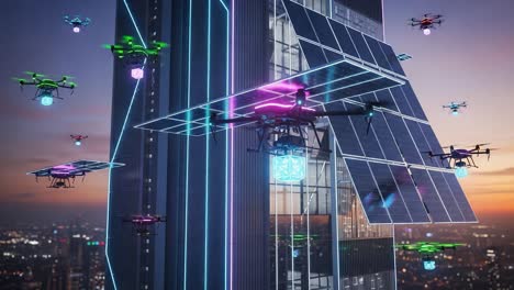 an aerial display of drones among solar panels and futuristic architecture at dusk capturing the essence of advanced technology and urban landscapes
