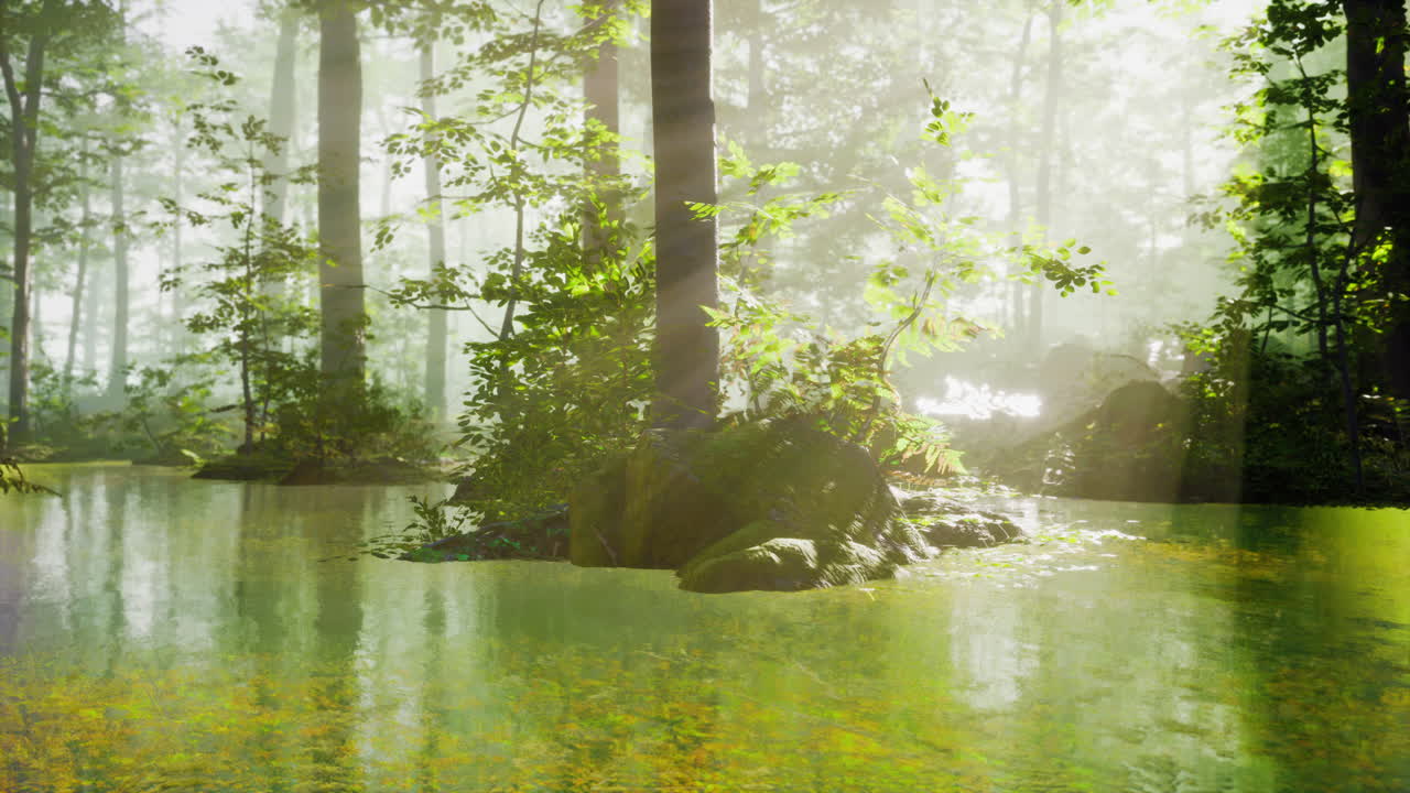 호수 숲 위의 안개 같은 새벽