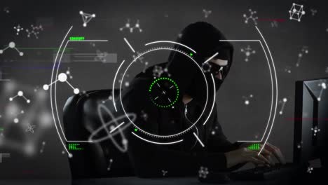 animación del alcance y las moléculas sobre hacker con computadora portátil