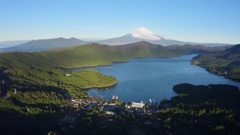aerial view of mount fuji and lake ashi in hakone, japan