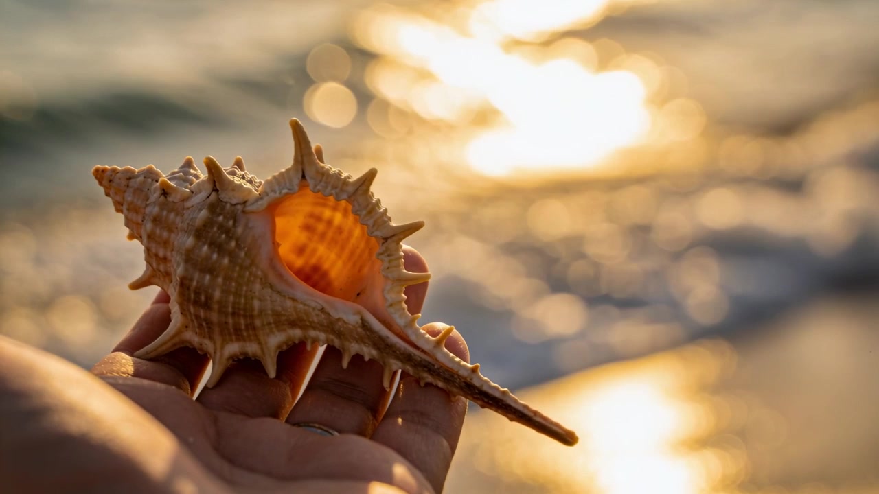 Rotating adult hand wearing ring holding conch shell at shore, shifting sun showing orange interior