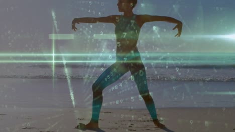 Animation-of-data-processing-over-caucasian-woman-exercising-at-beach