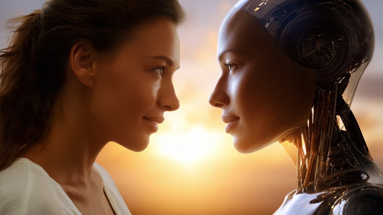 Explorando a conexão entre a humanidade e a inteligência artificial em um deslumbrante plano de fundo de pôr do sol, mostrando a intrigante ligação entre rostos humanos e de robôs