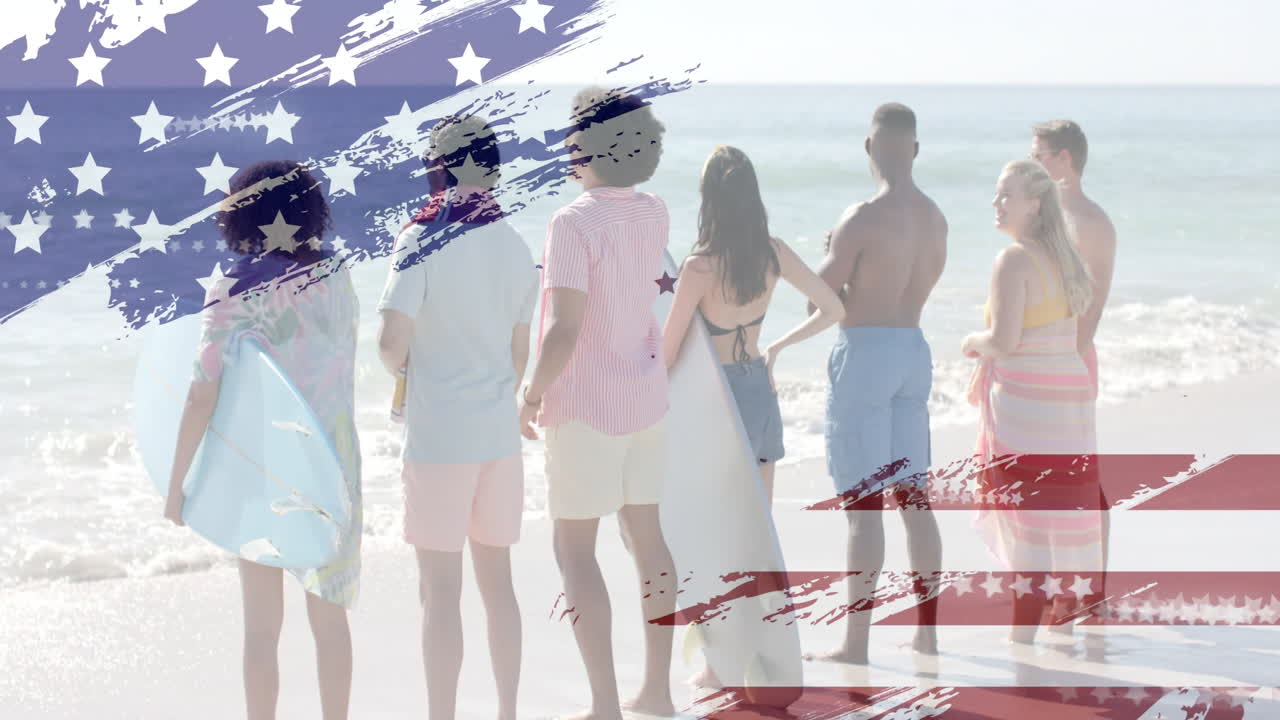 Animation of flag of usa over diverse friends on beach