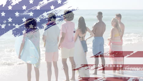 animation of flag of usa over diverse friends on beach