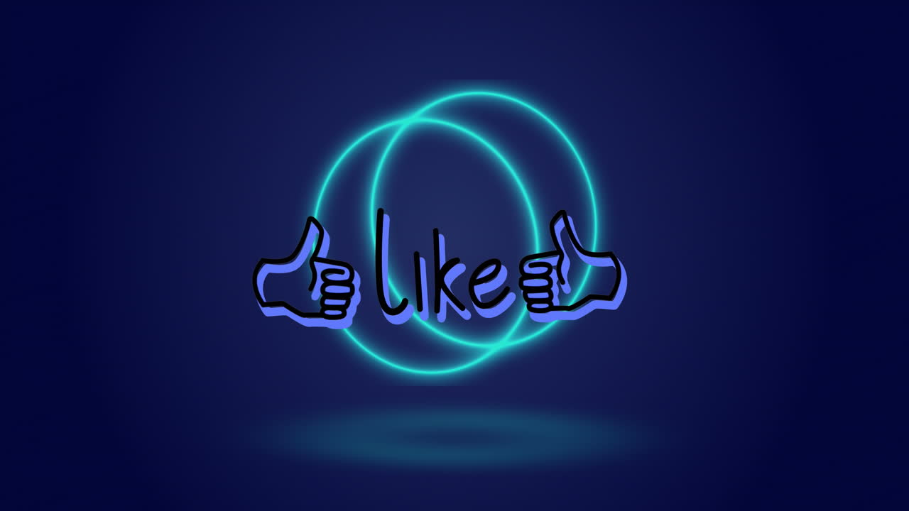 Animazione di un'icona "mi piace" e di un banner di testo su una struttura a molla al neon su sfondo blu.