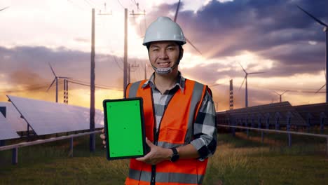 asian male engineer with safety helmet smiling and showing green screen tablet to the camera while standing with solar panel and wind turbines