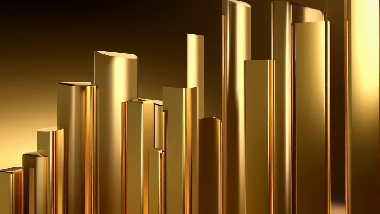 Pilastri metallici dorati che si innalzano come uno skyline, barre d'oro lucide formano una silhouette urbana astratta, ambra calda.