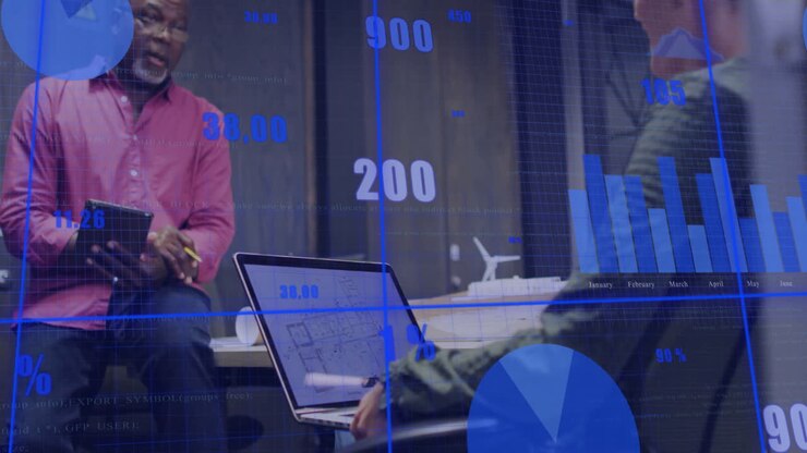Animation of financial data processing over diverse colleagues discussing work in office