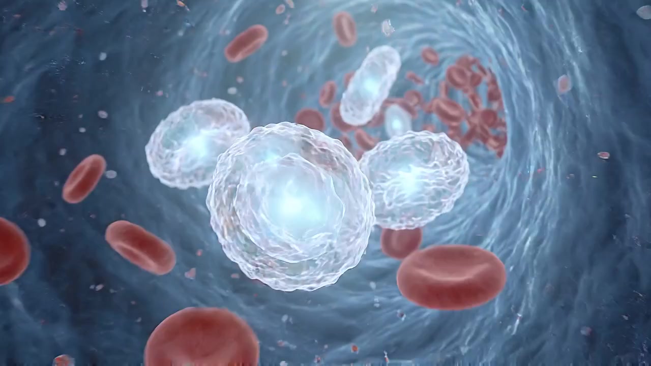 Mikroskopiske blod- og immunceller svæver gennem et blåt biologisk miljø