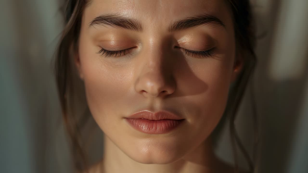 Breathing woman keeping eyes closed on neutral curtain for portrait with left light shifting