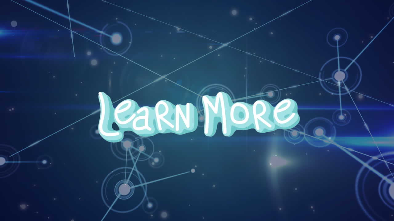 Animation of learn more text over network of connections on black background