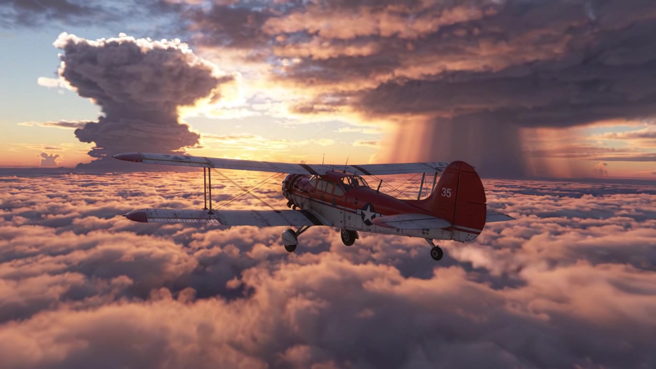 Splendida Vista Aerea di un Biplano d'Epoca Che Si Libra Tra Nuvole Soffici Sotto un Cielo Vibrante al Tramonto, Mettendo in Mostra la Bellezza della Natura e il Brivido del Volo