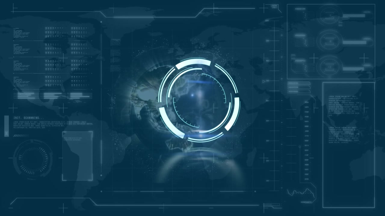 Faint circular reticle appearing, central hologram rings rotating and pulsing to show scan progress