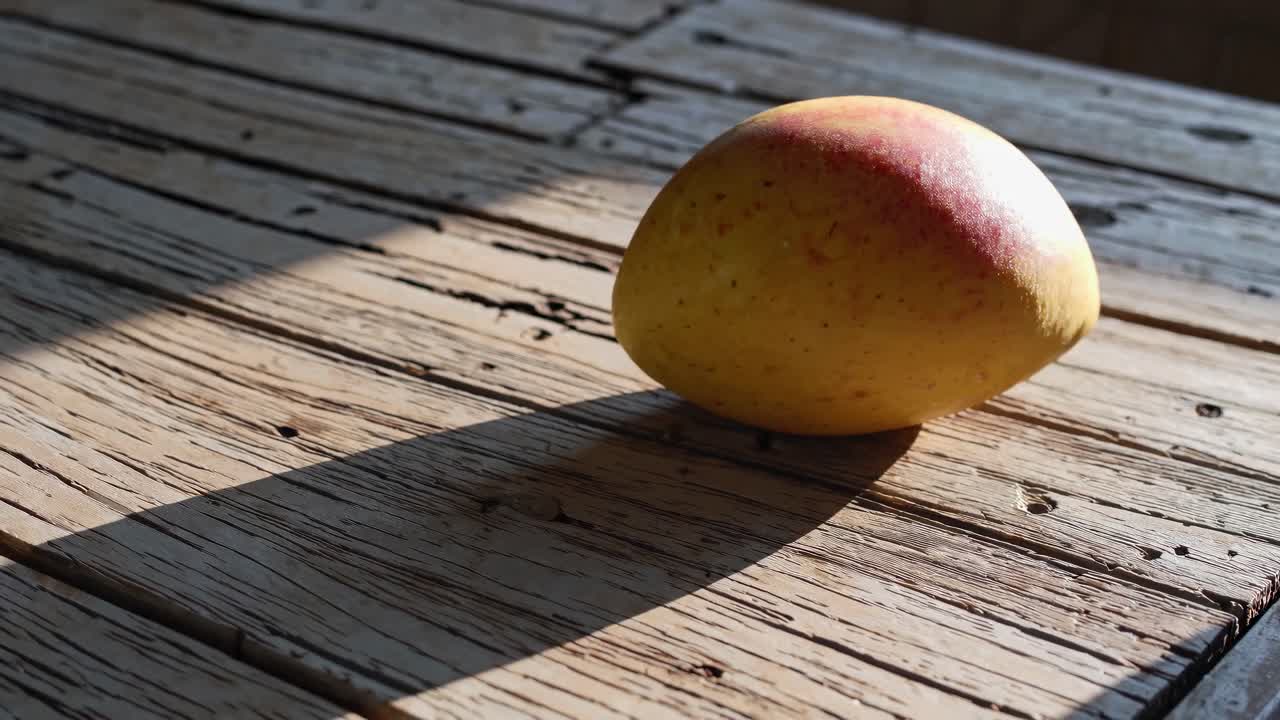 A close-up video shot of a mango on a rustic wooden table, casting a long shadow