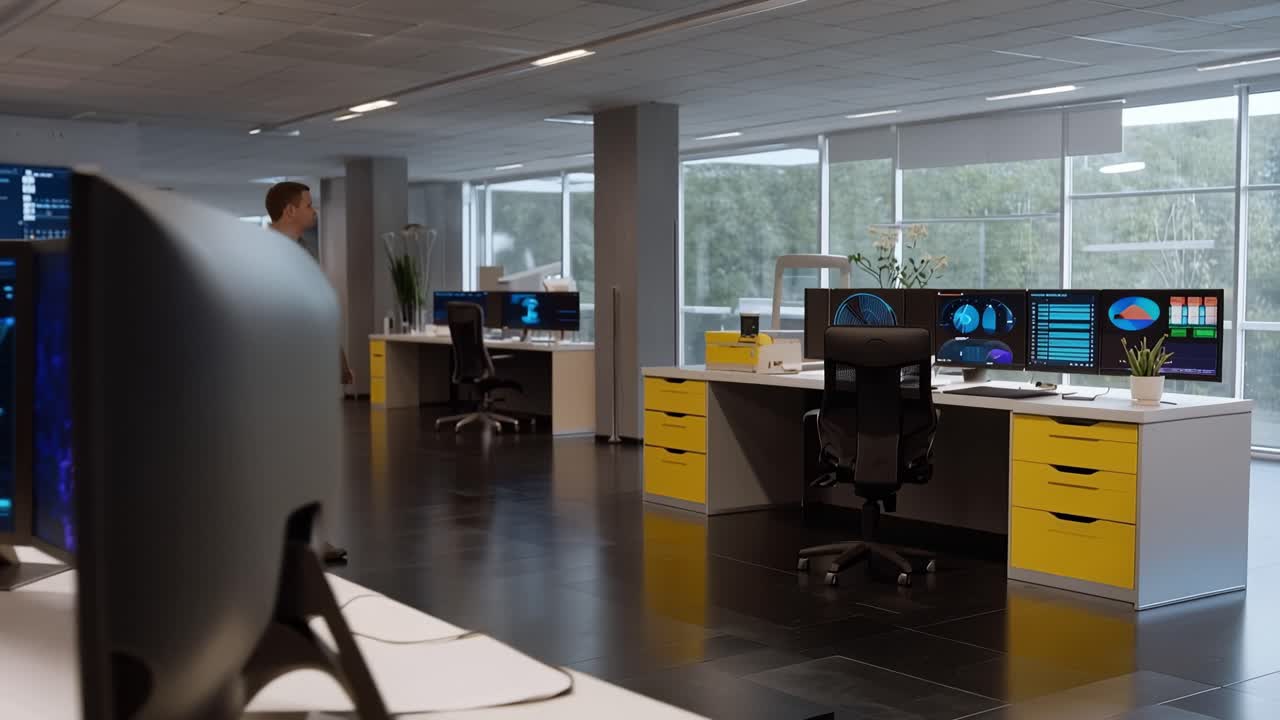 Modern Office Environment with Advanced Technology and Data Visualization: A Workspace Showcasing Multiple Monitors, Workflow Efficiency, and High-Tech Aesthetics