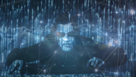 hacker masculino contra códigos binarios y conexiones de datos