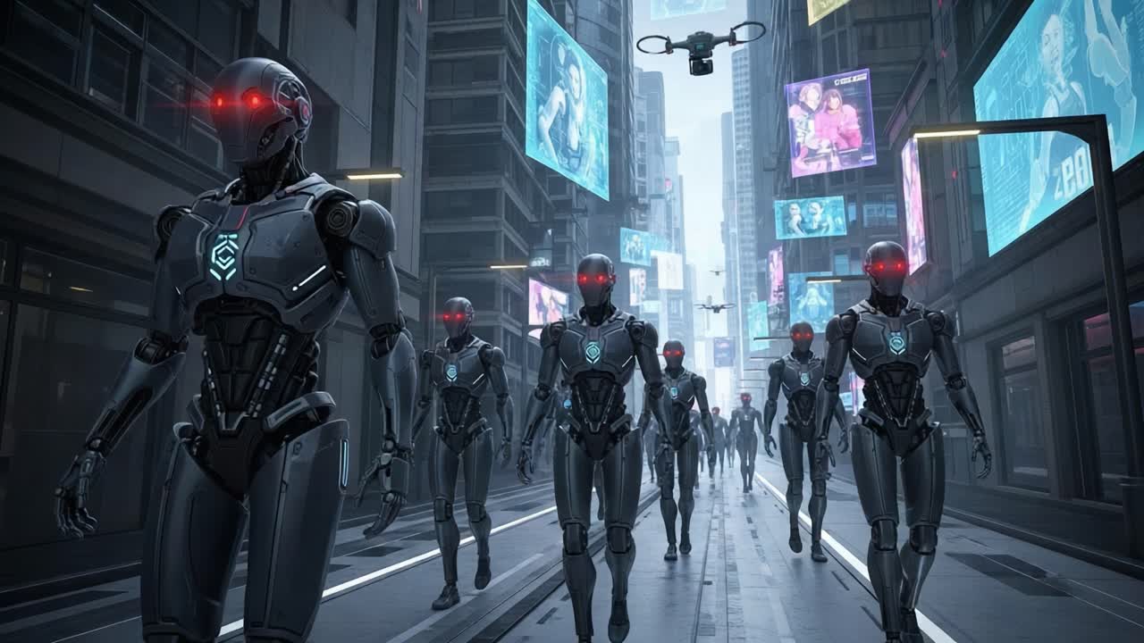 In a futuristic urban landscape, a group of advanced robotic beings with glowing red eyes and sleek designs march forward, showcasing cybernetic enhancements and urban advertising.