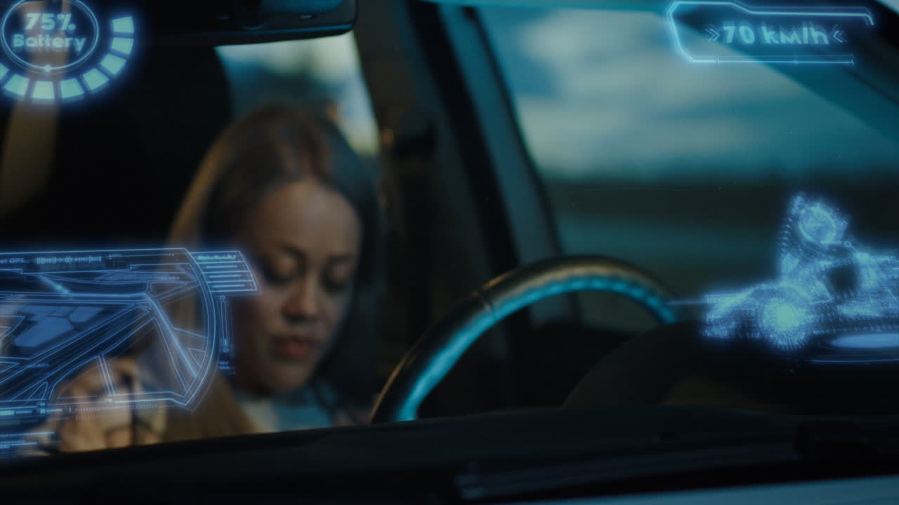 Woman Driving a Self-Driving Car with Holographic Display