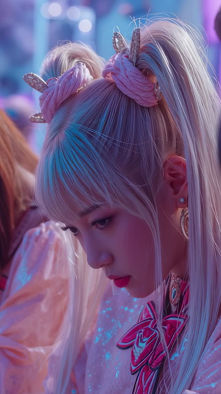 Vertical video: Adult Asian performer sitting onstage, wearing pink costume and braided hair cords