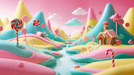 a magical candy land with gingerbread house and lollipops