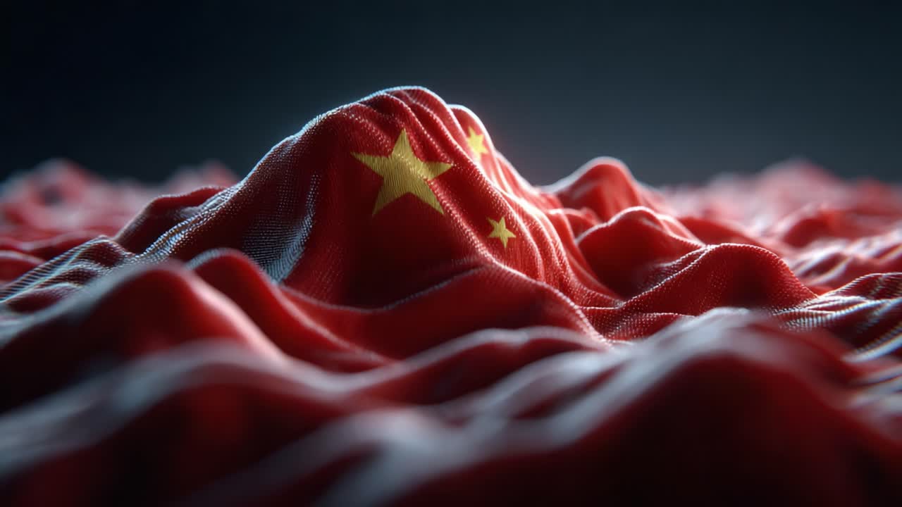 A Stunning Visual Representation of a Fabric Mountain, Draped with Waves of a Bright Red Textile Embellished with Stars, Symbolizing Nationalistic Themes and Cultural Identity