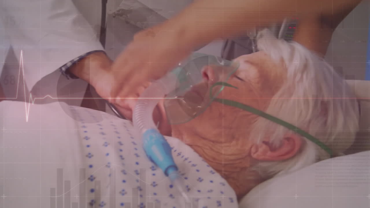 diversos médicos sobre el paciente masculino en la cama con máscara de oxígeno sobre el cardiógrafo