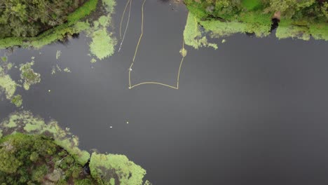 4k aerial drone shot of a recreational area on a lake with a safe swimming spot with safety net