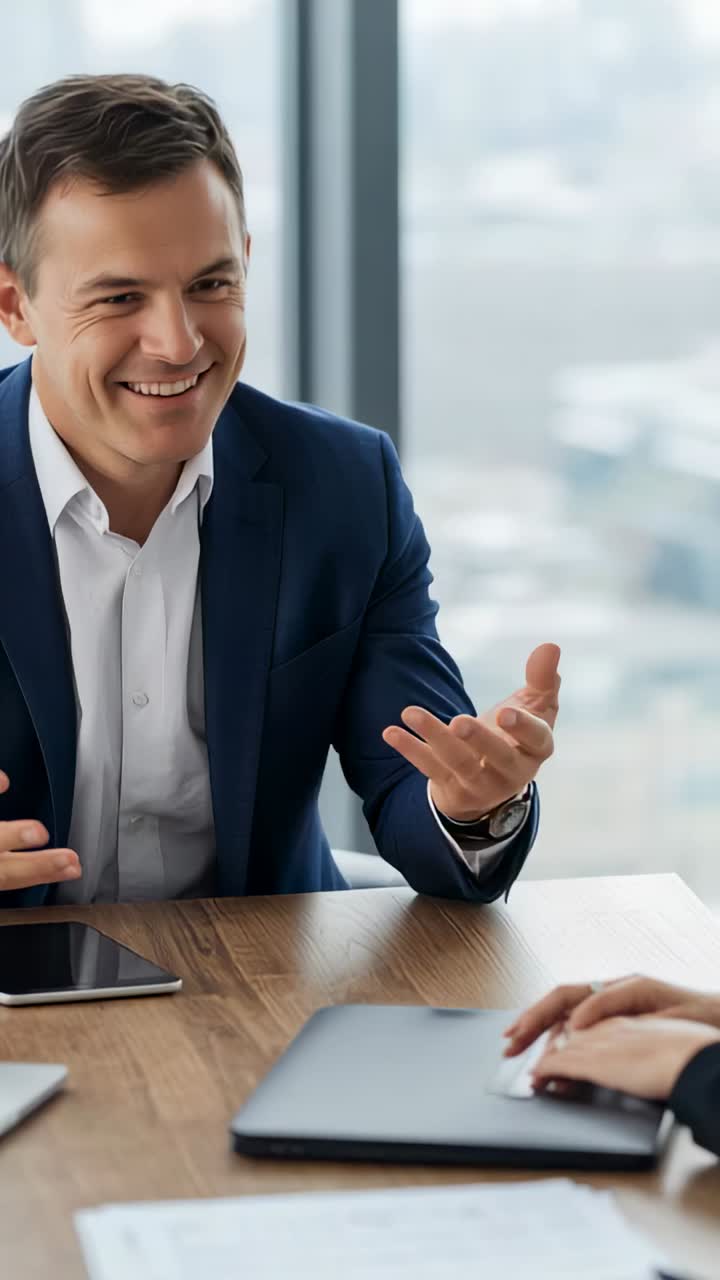 Vertical video: Businessman reacting to slide advancing on trackpad while explaining plan at office