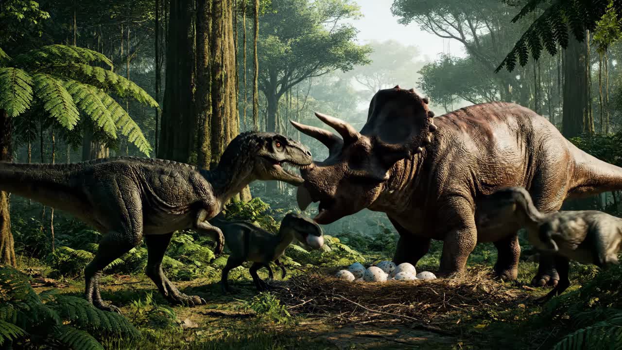 Dinosaurs in a prehistoric forest