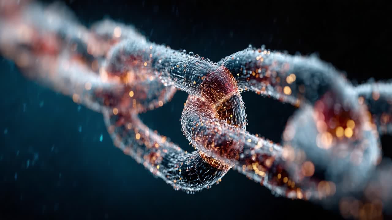 Intricate Macro Shot of a Sparkling Chain with a Focus on Water Droplets and Reflections, Highlighting the Beauty of Connection and Strength Through the Lens